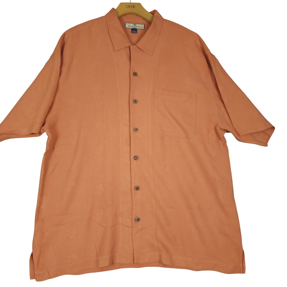 Tommy Bahama Mens Silk Short Sleeve Button Down Shirt Orange Tropical Print XL